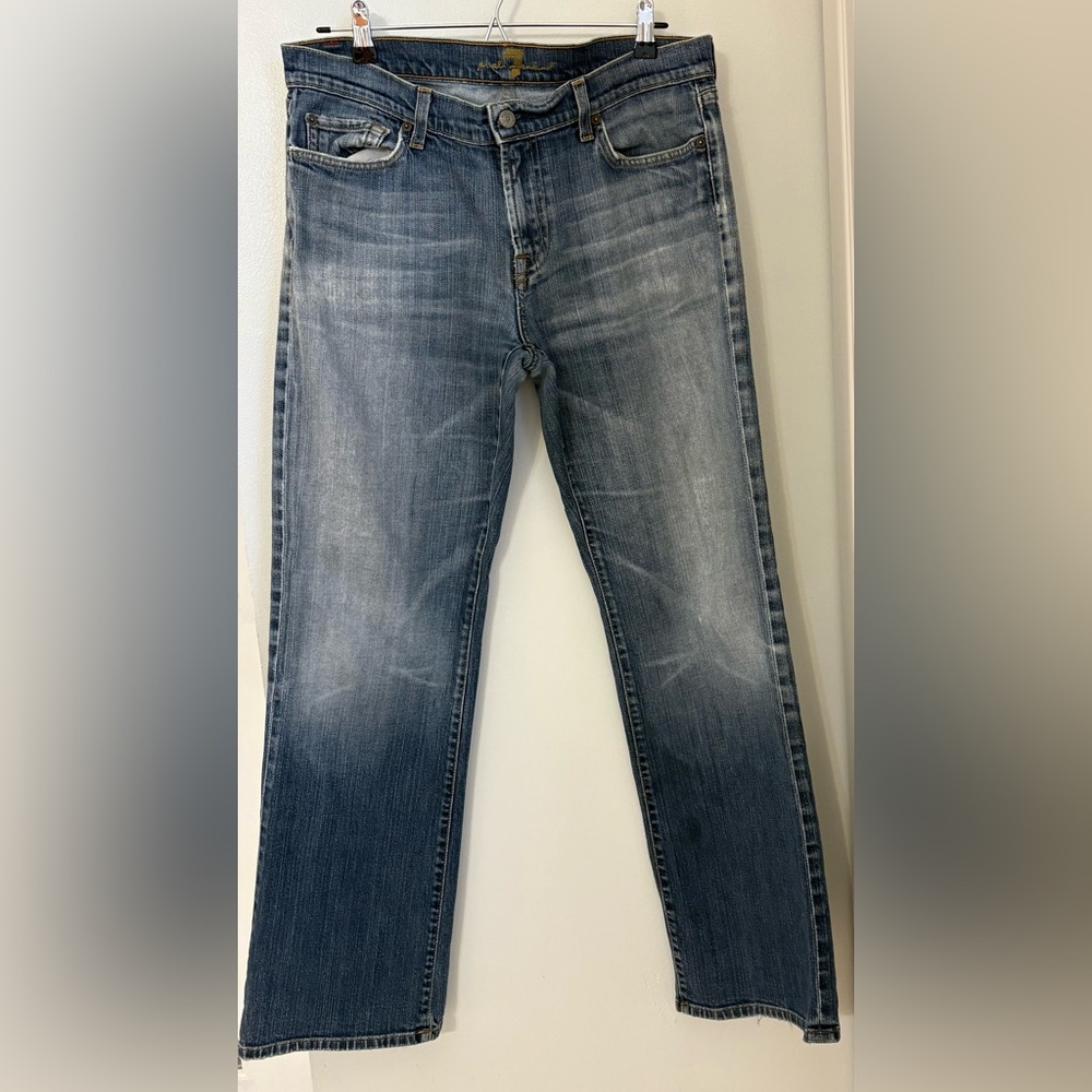 7 For All Mankind Bootcut Distressed Classic Blue Jeans Size:34 Designer - Picture 1 of 8